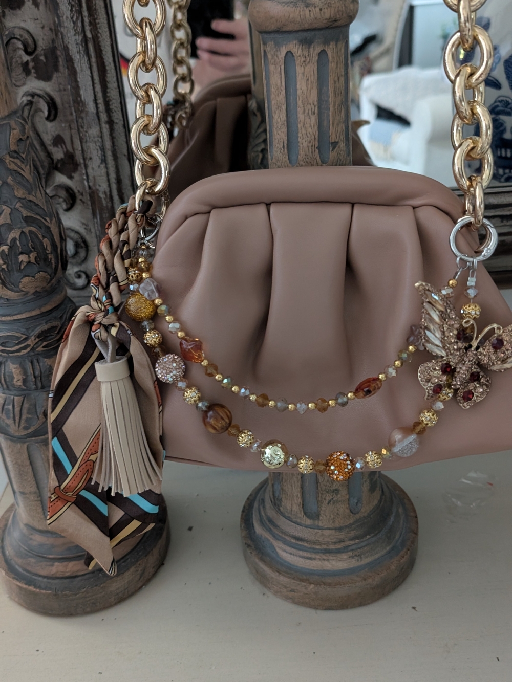 Soft Taupe Chain Handle Shoulder Bag with Beaded Accent